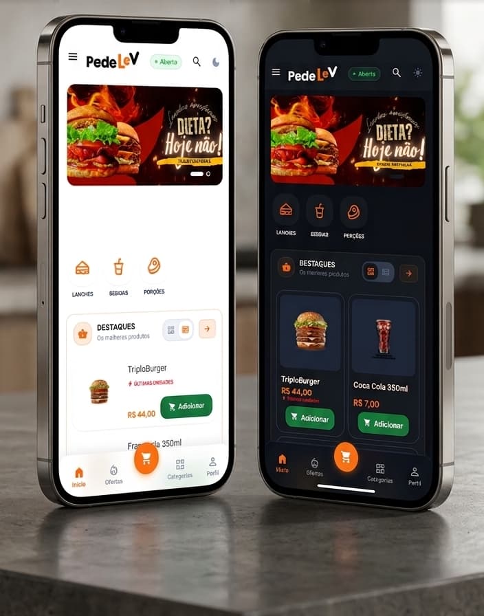 App próprio de delivery da Italev Sistemas rodando em smartphone — catálogo digital com pedidos via WhatsApp e PIX